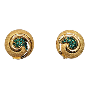 Vintage 1960s Signed Crown Trifari Round Goldtone Pavé Faux-Emerald Swirl Clip Earrings-2 Pieces