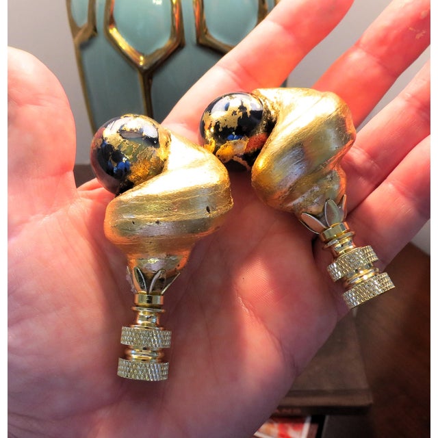 Gold Leaf Fiji Shell Lamp Finials With Black Blown Murano Glass, a Pair by C. Damien Fox For Sale - Image 4 of 6