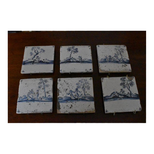 Antique Delft 17th or 18th century blue on white tiles. All are allegorical scenes done in traditional tin glaze on...