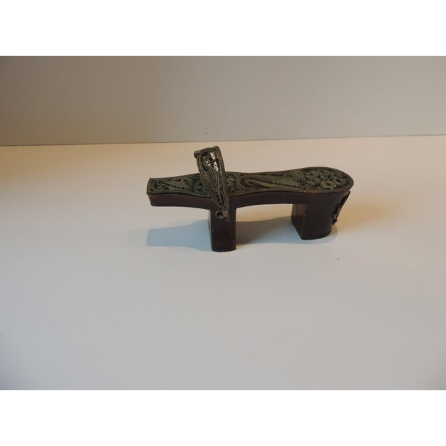 1970s Vintage Indian Carved Wood With Brass Overlaid Details Decorative Object For Sale - Image 5 of 7