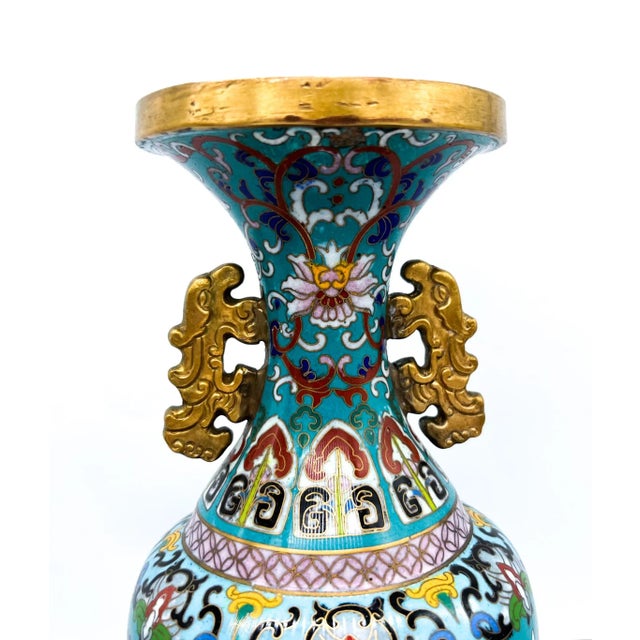 Pair of Vintage Chinese Cloisonné Vases With Brass Dragon Handles –Turquoise Enamel Bird Motif Chinoiserie / Hollywood Regency / Grandmillennial Decor For Sale - Image 13 of 15