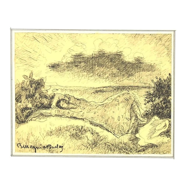 Bertrand Mogniat-Duclos, Figure In the Landscape, Pen on Paper, Mid-20th Century For Sale
