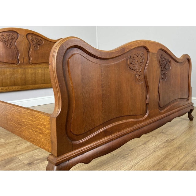 Vintage French Louis XVI Oak Double Bed Frame with Carved Headboard For Sale - Image 10 of 13