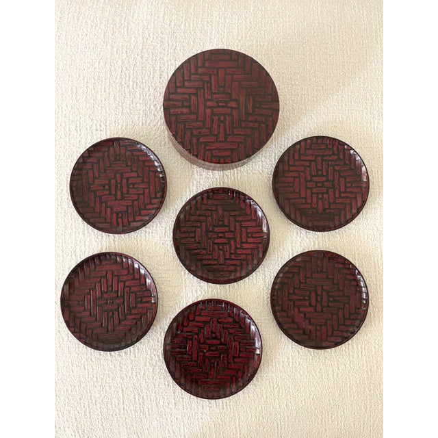 Vintage Chinoiserie Style Red Lacquerware Faux Bamboo Coaster Set by Otagiri - Set of 6 For Sale - Image 14 of 17