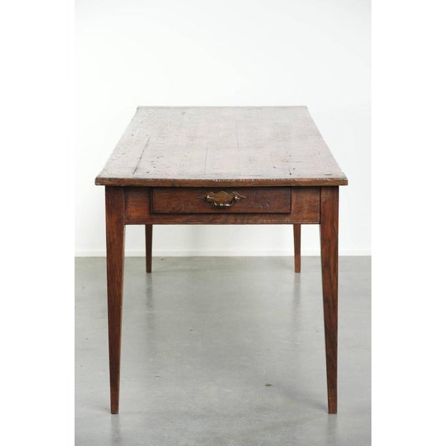 Antique French Pine Dining Table with Oak Base and Practical Drawer, 19th Century For Sale - Image 3 of 12