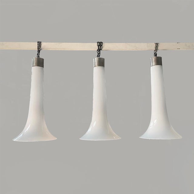 Italian Modern Chandeliers in White Opaline Glass and Metal, 1970s, Set of 3 For Sale - Image 3 of 11