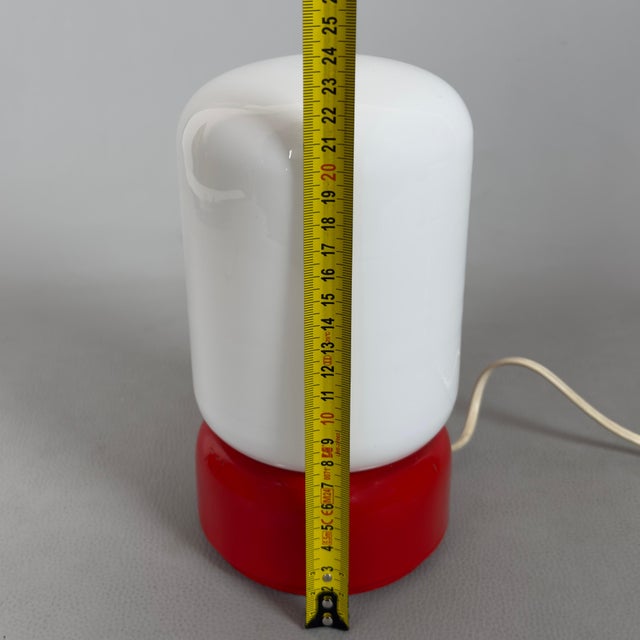 Space Age White Opal Glass Capsule Table Lamp with Red Wood Base, 1970s For Sale - Image 14 of 15
