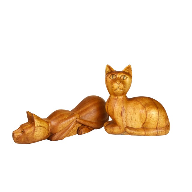 Vintage Wooden Hand Carved Cat Figurine - a Pair For Sale