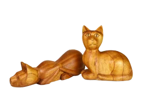 Vintage Wooden Hand Carved Cat Figurine - a Pair