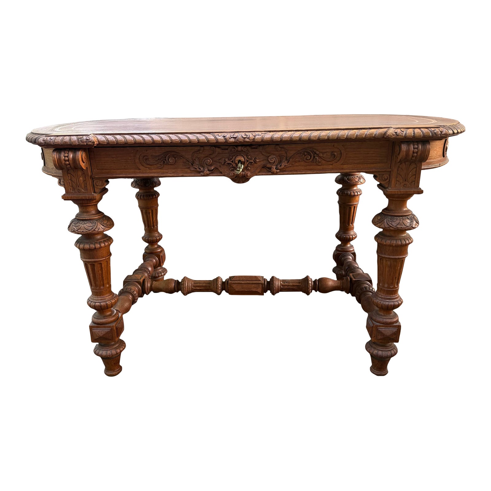 Renaissance Revival Oak Writing Desk With Tooled Leather Top, Late 19th ...