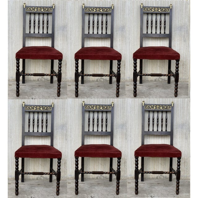 19th Set of Six Spanish Chairs With Bronze Details and Red Velvet Upholstery For Sale - Image 11 of 11