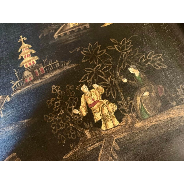 Large Antique 19th Century English Naive Chinoiserie Rolled Rim Painted Rectangular Tole Tray in Black & Gold For Sale - Image 9 of 12