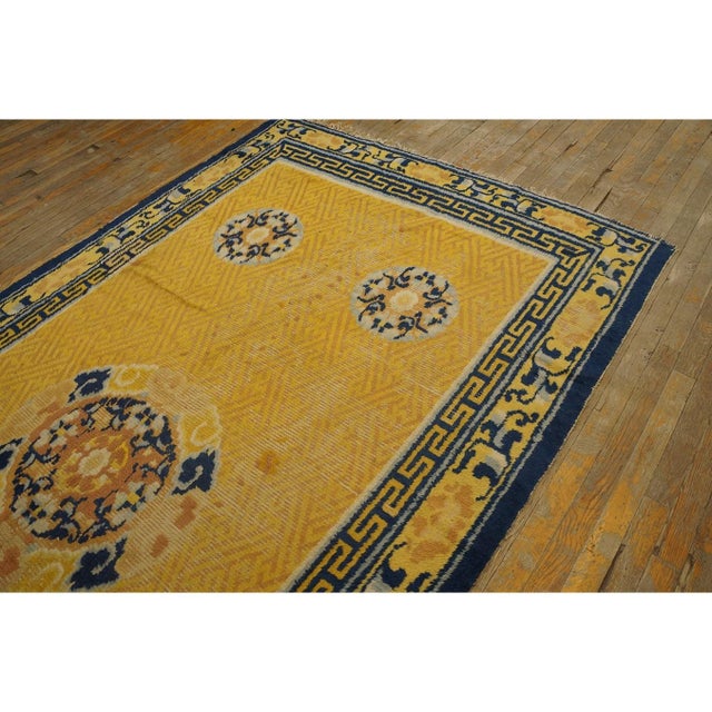 1750s Classic Yellow Greek Key Antique Chinese Ningxia Hallway Runner Wool Rug For Sale - Image 4 of 10