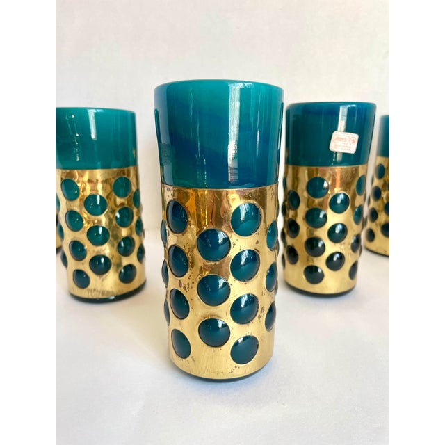 Mexican Mid 20th Century Mexican Hand-Blown Caged Blue Art Glass and Brass Glasses Made by Jomeli - Set of 6 For Sale - Image 3 of 12