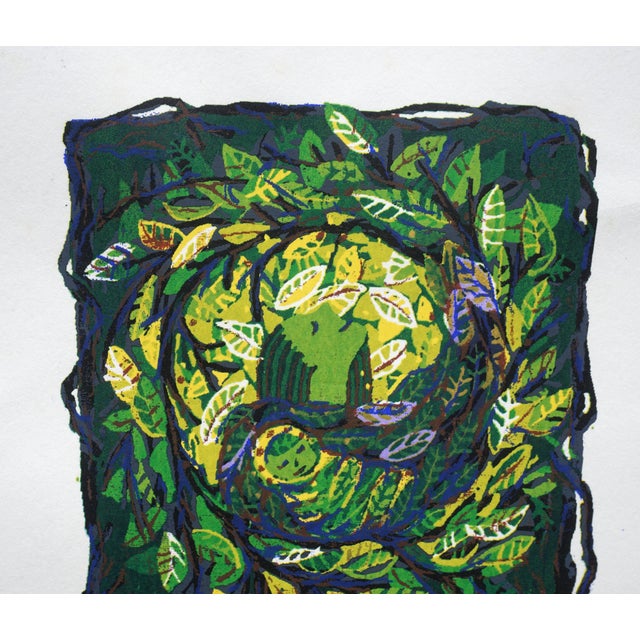 Vibrant green nature-themed screenprint with leaves and tree by Deborah Rumer (American, 20th Century). Titled, numbered,...