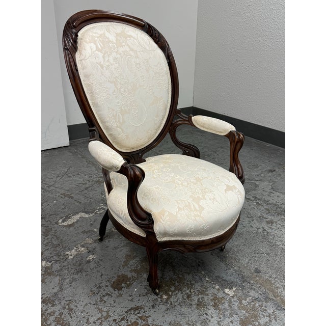 Rococo Victorian Rococo Revival Carved Wood Balloon Back Armchair For Sale - Image 3 of 12