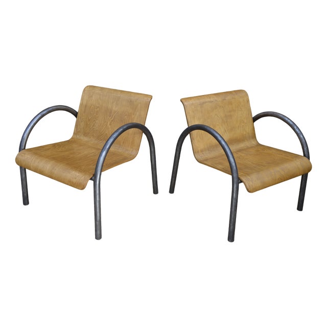Vintage Design Armchairs in Metal and Wood, 1950, Set of 2 For Sale