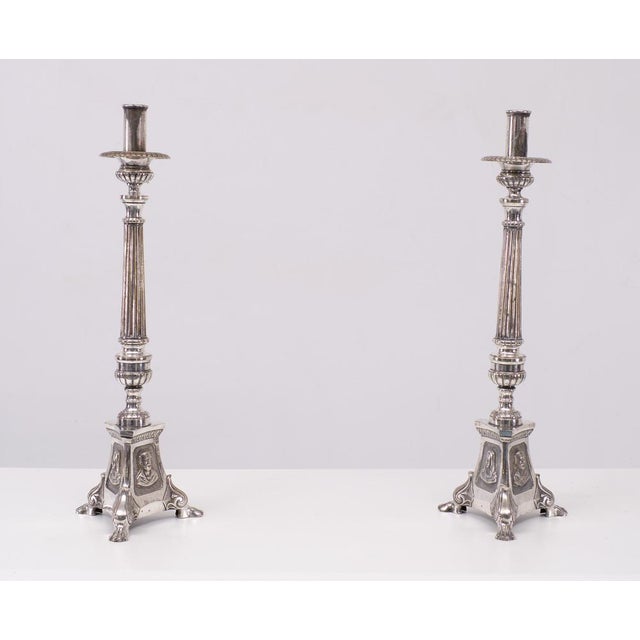 Very nice pair of Silver Plated Church candle sticks .France 1850s Triangle shaped base with Three saints Jesus Maria and...