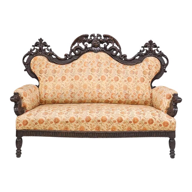 Victorian Carved, Floral, Upholstered, 1800s Antique Parlor Sofa For Sale