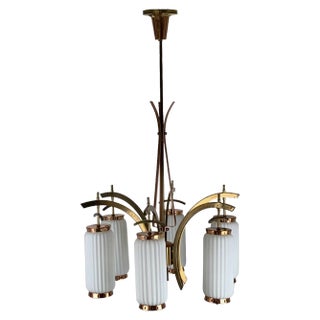 Vintage Venetian Brass and White Opaline Glass Barrel 6 Light Chandelier Circa 1950 For Sale