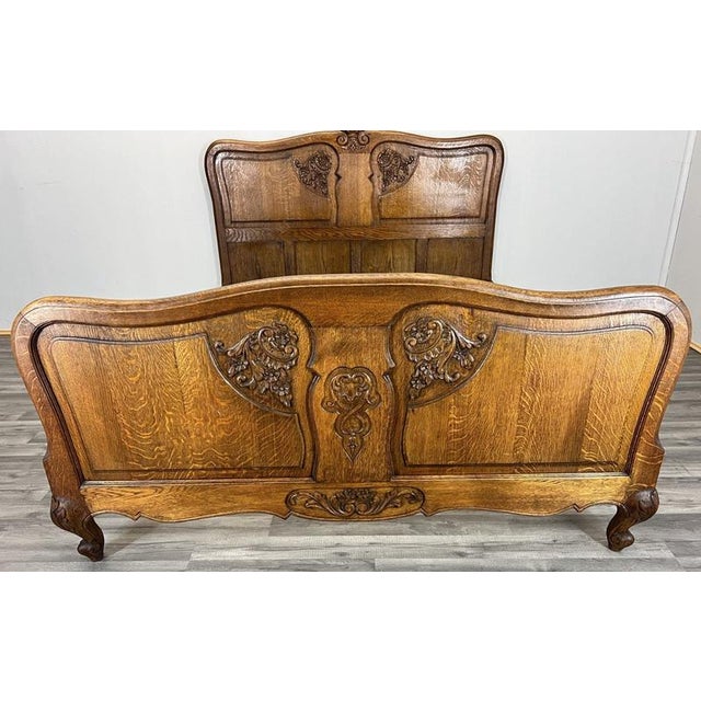 Vintage French Louis XVI Style Oak Double Bed Frame with Carved Headboard For Sale - Image 3 of 10