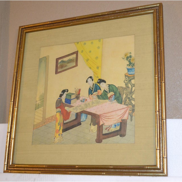 Early 20th Century Gilt Wood Framed Qing Dynasty Chinese Family Watercolor Painting on Paper For Sale - Image 5 of 17