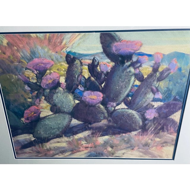 Realism 1930s Prickly Pear Sonoran Desert Landscape Pastel Drawing on Canvas by Raymond Nott, Framed For Sale - Image 3 of 8