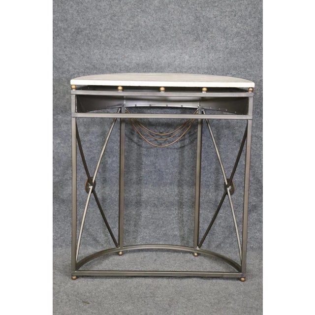 Metal Greek Key John Vesey Style Marble Top Steel Demilune Console Table For Sale - Image 7 of 12