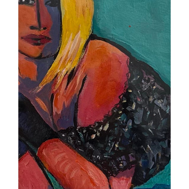 Figurative Contemporary Expressionistic Female Portrait in Bright Colors 16x20 Titled “Woman With Black Gloves’’ With Bright Fauvist Colors For Sale - Image 3 of 4