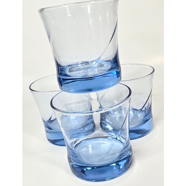 1990s Twirling Blue Vintage Double Old Fashioned Glasses- Set of Four For Sale - Image 4 of 11
