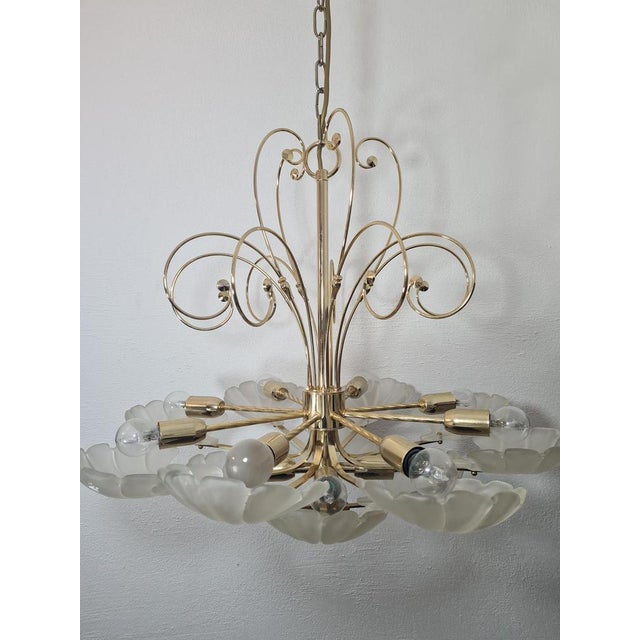 Frosted Glass and Brass Chandelier from Deknudt, Belgium, 1970s For Sale - Image 9 of 13