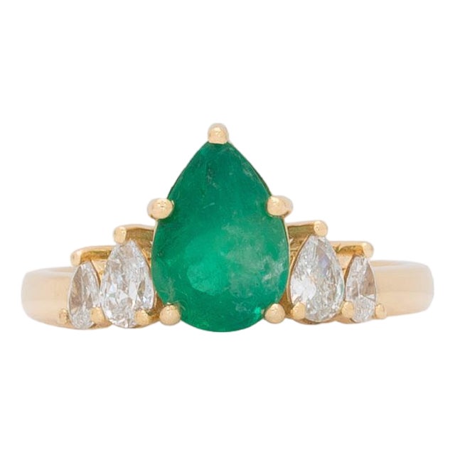 Gia Certified Colombian Emerald & Natural Diamond Ring: Solid 14k Gold, Pear Cut, Size 6.75 For Sale