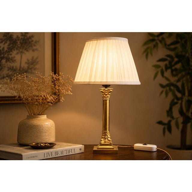 NeoclassicalBrass Classical Column Table Lamp with Ornate Capital and Square Pedestal, Europe, 1950s For Sale - Image 3 of 17