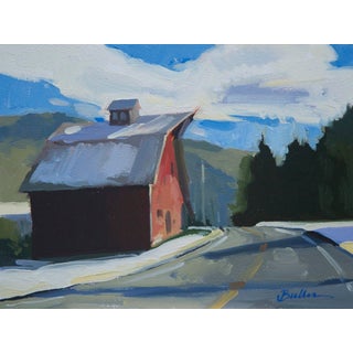 Snowy Road To The Barn by Samantha Buller | Oil on panel depicting a snowy road and barn. For Sale