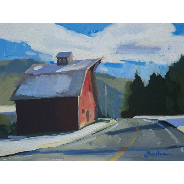 Snowy Road To The Barn by Samantha Buller | Oil on panel depicting a snowy road and barn. For Sale