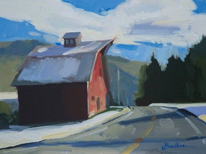 Snowy Road To The Barn by Samantha Buller | Oil on panel depicting a snowy road and barn.