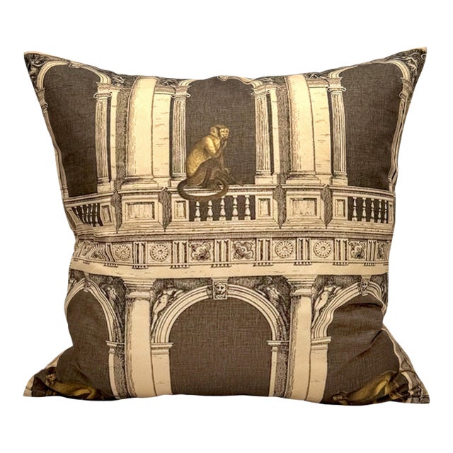 Cole & Son Fornasetti "Procuratie e Scimmie" Architectural Monkey Silk Pillow For Sale