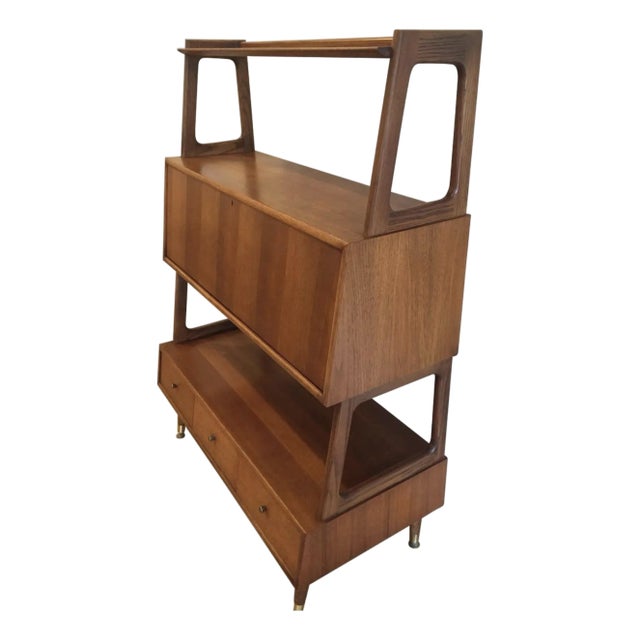 1960s Mid Century Drop Lid Secretariat Desk, Drawer, Bookshelf Unit For Sale
