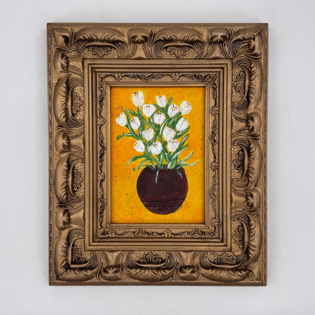 Metal Original Floral Still Life Painting White Tulips in Gold Ornate Frame - Signed “Cathy” For Sale - Image 7 of 10