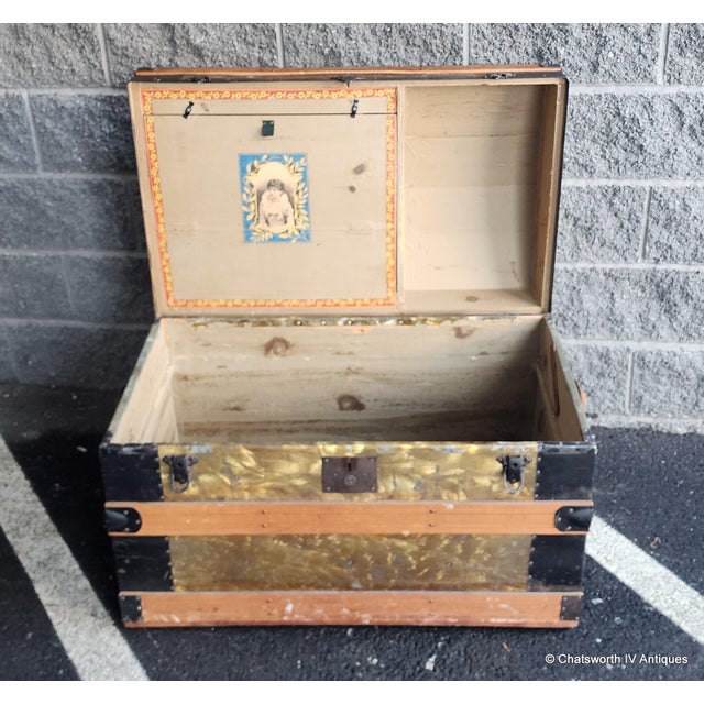 Antique Victorian Era Metal & Wooden Strap Steamer Dome Top Travel Trunk Chest , 1890s For Sale - Image 4 of 12