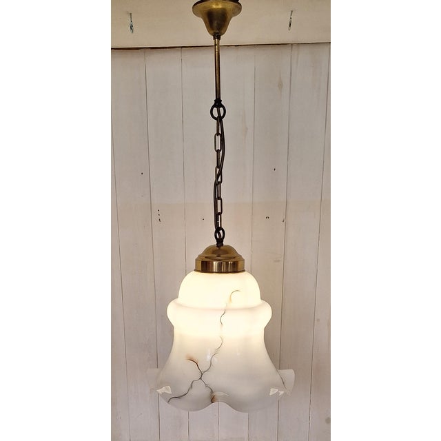 Metal Vintage Brass Pendant with Grey Marbled White Glass Shade, 1970s For Sale - Image 7 of 7