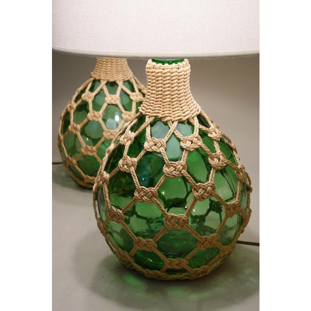 Glass 1970s Matched Pair XL Bottle Green Glass Globe Rope Macrame Net Fish Float Coastal Tiki Table Lamps Nos "New-Old-Stock" Unused For Sale - Image 7 of 13