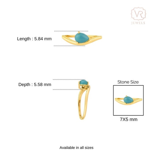 18k Yellow Gold Wavy Band Ring With Teardrop Cabochon Turquoise Size 5 For Sale - Image 12 of 15