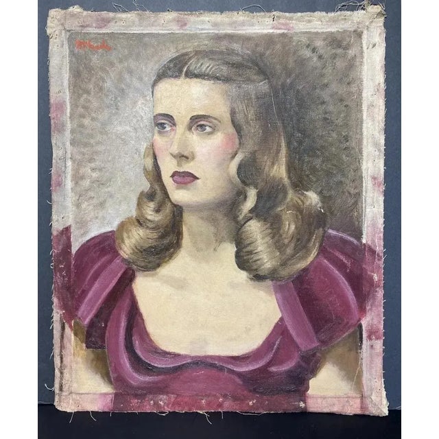 Vintage 1940s Portrait Painting of Woman in Purple Dress For Sale - Image 4 of 4