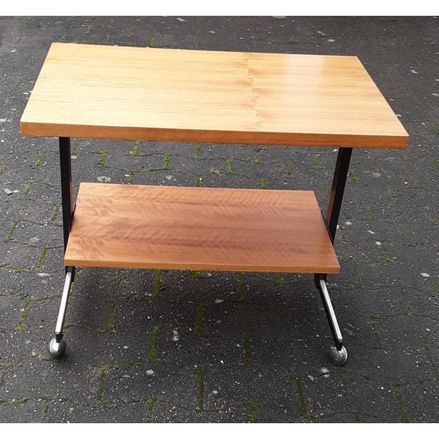 Teak & Steel Side Table on Wheels, 1970s For Sale - Image 6 of 6