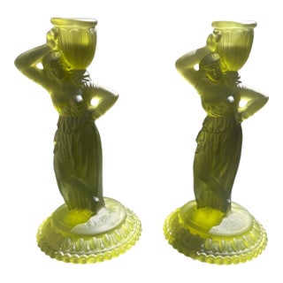 Rebecca at the Well Candlestick Holders in Olive Green Glass by Fostoria- A Pair For Sale