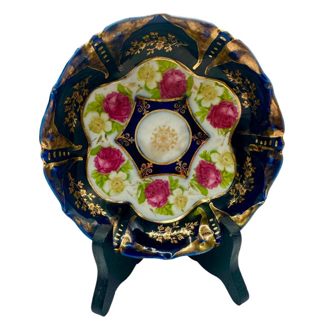 Victorian 1920s Porcelain Decorative Bowl With Hand-Painted Roses and Cobalt Blue Rim by LPF Germany For Sale - Image 3 of 12