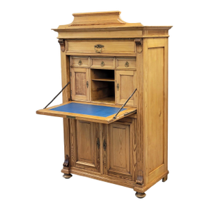 Antique Danish Biedermeier Pine Secretary Desk With Blue Leather
