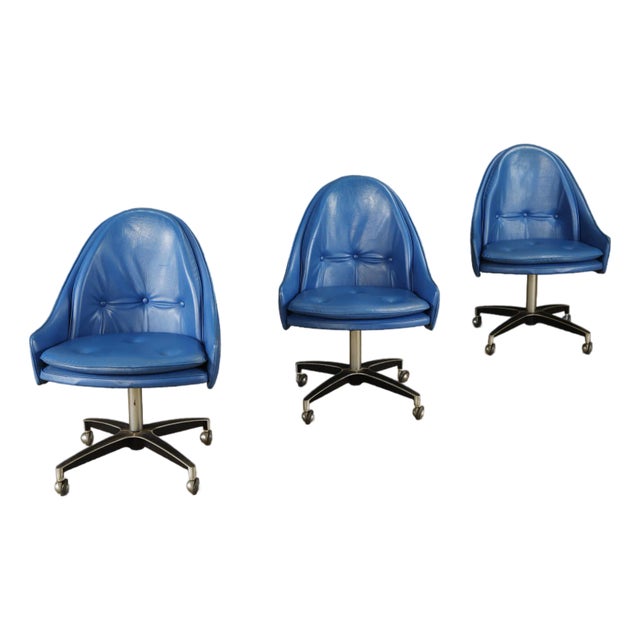 1970s Swivel Desk Chair in Blue Leatherette on Casters, Priced Individually, 3 Available For Sale