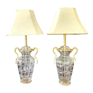 Vintage Hollywood Regency Style Marbro Table Lamp Brass and Mario Benito Crystal Base -A Pair